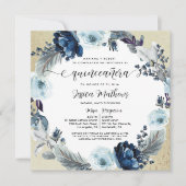 Spanisch, Chic Blue und Gold, Blumenkatze Quinceñe Einladung (Vorderseite)