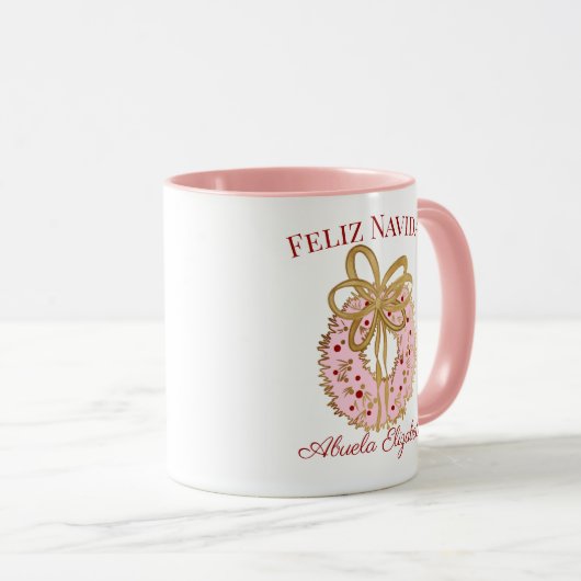 Spanisch Custom frohe Weihnachten Abuela Pink Wrea Tasse (VorderseiteRechts)