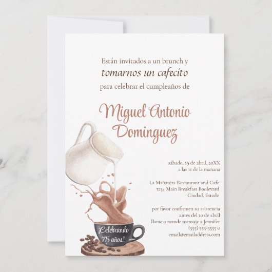Spanisch Einzigartiger Kaffee-Splash 75. Geburtsta Einladung (Vorderseite)