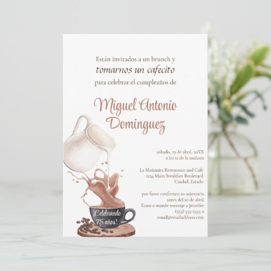 Spanisch Einzigartiger Kaffee-Splash 75. Geburtsta Einladung (Stehend Vorderseite)