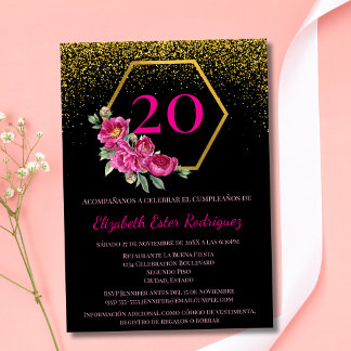 Spanisch Elegant Black Gold Pink 20. Geburtstag Einladung