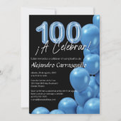 Spanisch Elegant Blue Balloons Black 100. Geburtst Einladung (Vorderseite)