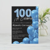 Spanisch Elegant Blue Balloons Black 100. Geburtst Einladung (Stehend Vorderseite)
