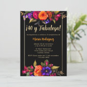 Spanisch Elegant Bright Florals Black 40. Geburtst Einladung (Stehend Vorderseite)