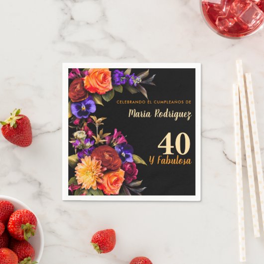 Spanisch Elegant Bright Florals Black 40. Geburtst Serviette (Beispiel)