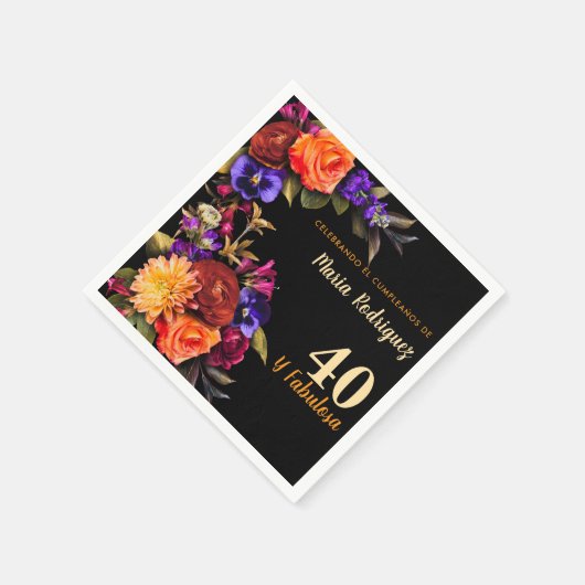 Spanisch Elegant Bright Florals Black 40. Geburtst Serviette (Ecke)