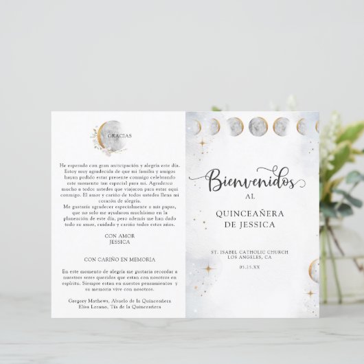 Spanisch, Elegant Celestial Quinceñera Programm (Stehend Vorderseite)