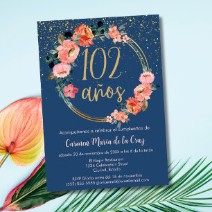 Spanisch Elegant Chic Blau Rosa 102. Geburtstag Einladung