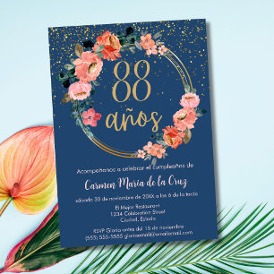 Spanisch Elegant Chic Blau Rosa 88. Geburtstag Einladung