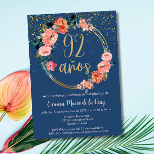 Spanisch Elegant Chic Blau Rosa 92. Geburtstag Einladung