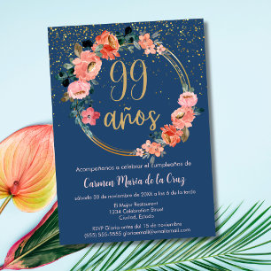 Spanisch Elegant Chic Blau Rosa 99. Geburtstag Einladung