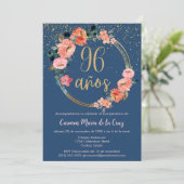 Spanisch Elegant Chic Blue Pink 96. Geburtstag Einladung (Stehend Vorderseite)