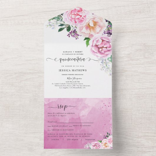 Spanisch, Elegant Fuchsia, Hot Pink Quinceñera All In One Einladung (Innen Boden)