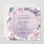 Spanisch, Elegant Lila Blumenquinceanera Einladung (Vorderseite)