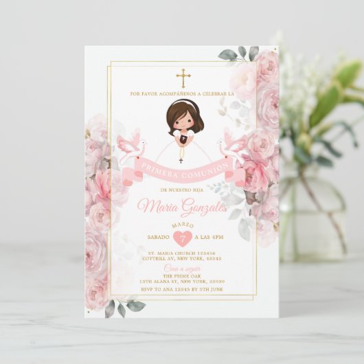 Spanisch Elegant Niedlich Little Girl Primera Comu Einladung (Stehend Vorderseite)