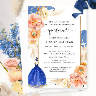 Spanisch, Elegant Royal Blue Floral Quinceñera Einladung