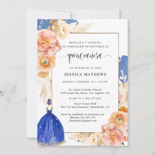 Spanisch, Elegant Royal Blue Floral Quinceñera Einladung (Vorderseite)