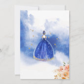 Spanisch, Elegant Royal Blue Floral Quinceñera Einladung (Rückseite)