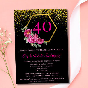 Spanisch Elegant Schwarz & Gold Rosa 40. Geburtsta Einladung