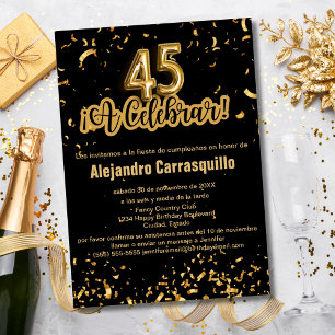 Spanisch Elegant Schwarz und Gold Konfetti 45. Geb Einladung