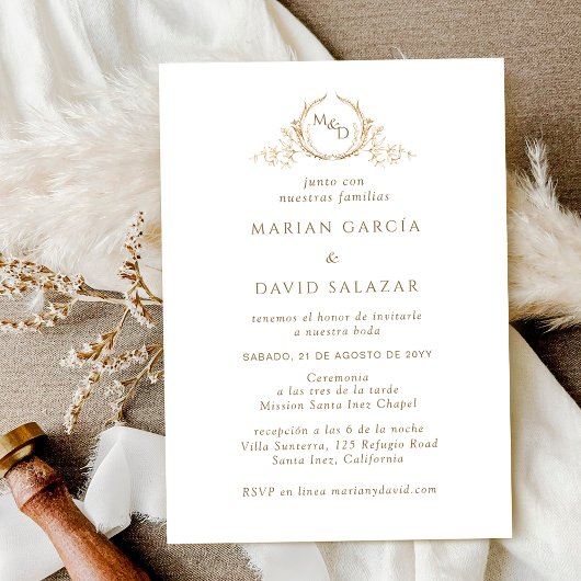 Spanisch: Elegante Goldmonogramm-Hochzeit Einladung
