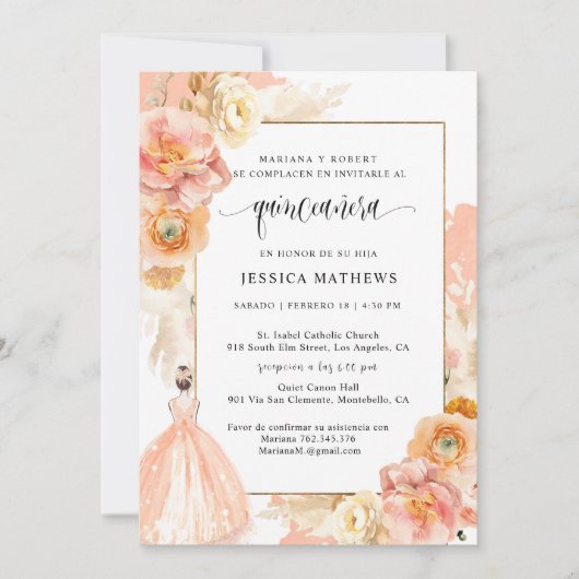 Spanisch, Elegante Peach Floral Quinceñera Einladung (Vorderseite)