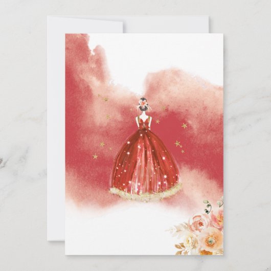 Spanisch, elegante Rote Flora Einladung Quinceñera (Rückseite)