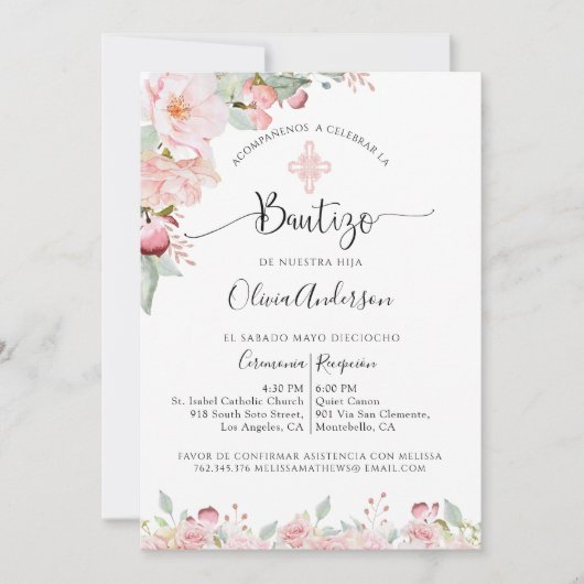 Spanisch: Elegante Taufe Blush Pink Bloral Einladung (Vorderseite)