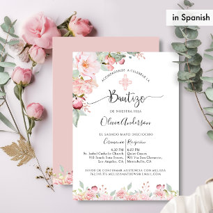 Spanisch: Elegante Taufe Blush Pink Bloral Einladung