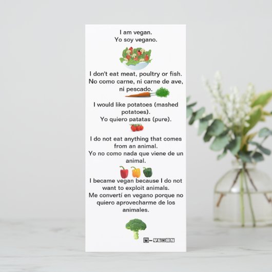 Spanisch Englisch PhrasesVegan Cheat sheet card (Stehend Vorderseite)