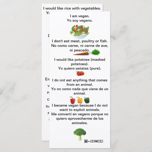Spanisch Englisch PhrasesVegan Cheat sheet card (Vorne/Hinten)