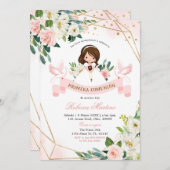 Spanisch Englisch Pink Gold Floral Girening Einladung (Vorne/Hinten)