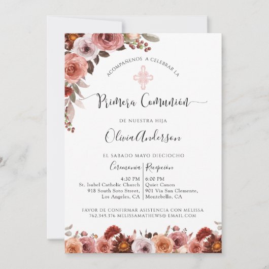 Spanisch Erste Kommune Rosa Blumenladen Einladung (Vorderseite)