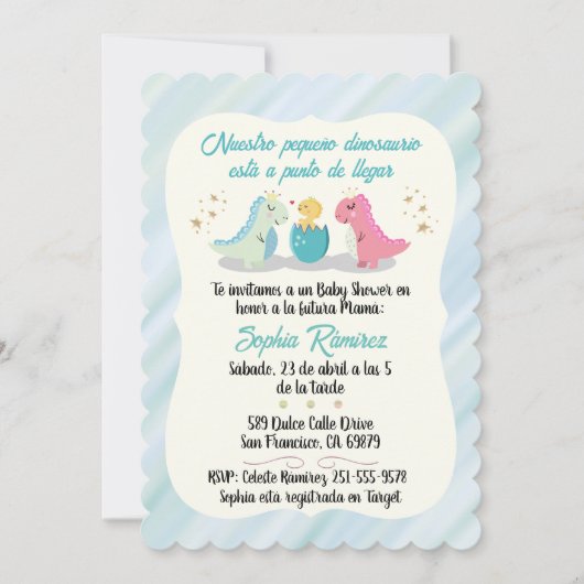 Spanisch/Español Baby Shower Dinosaurier Wasserfar Einladung (Vorderseite)