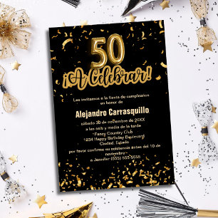 Spanisch Extravagant Black & Gold Confetti 50. Geb Einladung