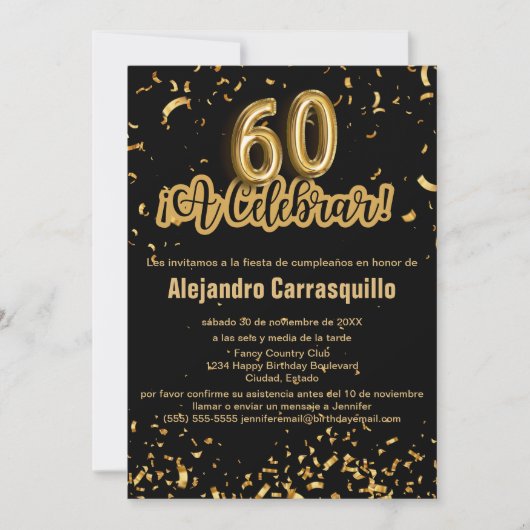 Spanisch Extravagant Black & Gold Confetti 60. Geb Einladung (Vorderseite)