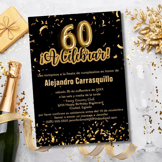 Spanisch Extravagant Black & Gold Confetti 60. Geb Einladung