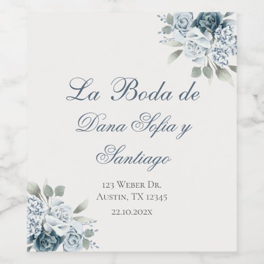 Spanisch Floral Blue Wedding Weinetikett (Einzelnes Label)
