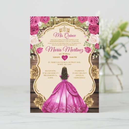 Spanisch Fuchsia Pink Floral Wood Mis Quince Einladung (Stehend Vorderseite)