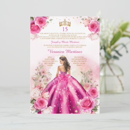 Spanisch Fuchsia Pink Prinzessin 15 Años Geburtsta Einladung (Stehend Vorderseite)