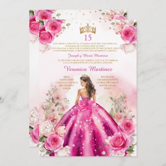 Spanisch Fuchsia Pink Prinzessin 15 Años Geburtsta Einladung (Vorne/Hinten)