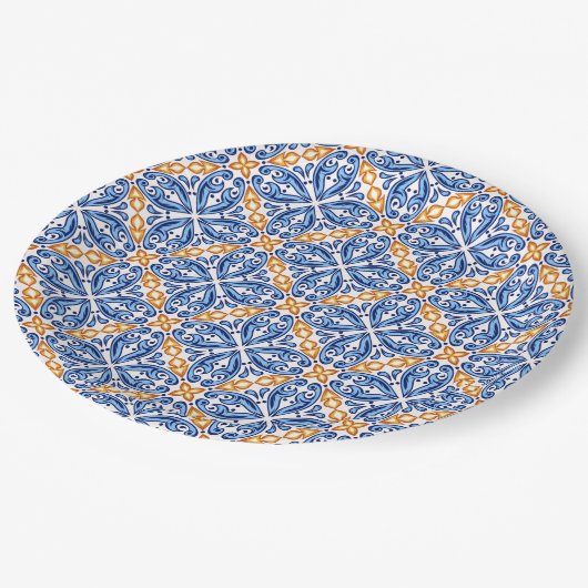 Spanisch Gelb Blauer Til Mittelalter Hochzeit Pappteller (Schrägansicht)