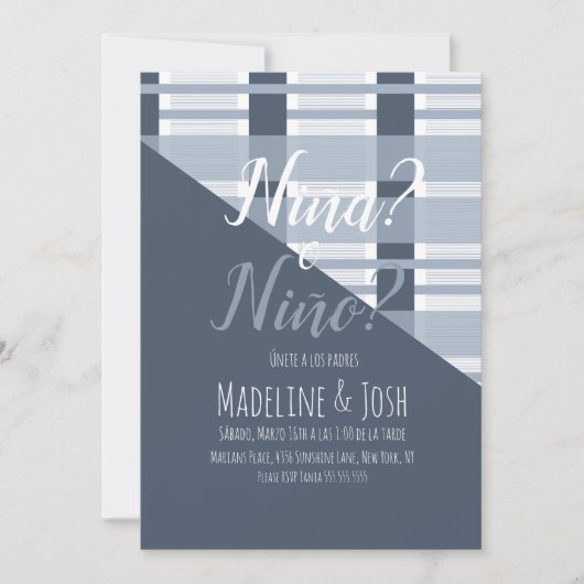 Spanisch Geschlecht offenbart Junge oder Mädchen K Einladung (Vorderseite)
