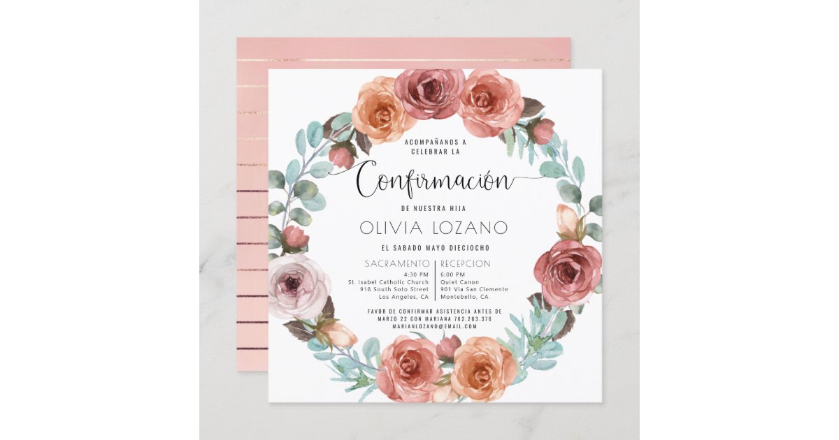 Spanisch, Girl Confirmation, Rose Gold Blush Flora Einladung Zazzle.de