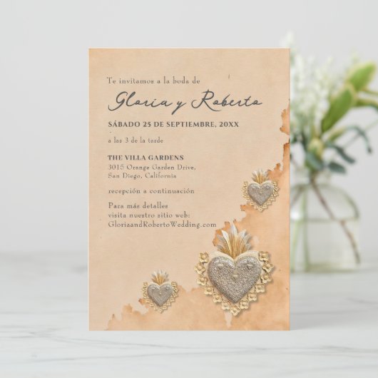 Spanisch, Golden Milagros Herz mexikanische Hochze Einladung (Stehend Vorderseite)