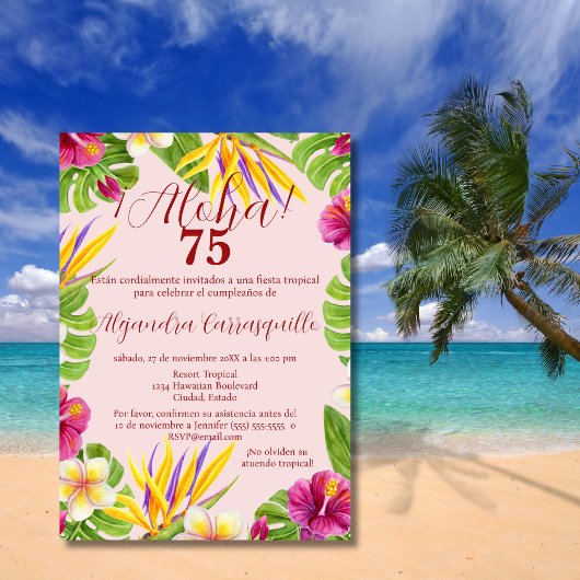 Spanisch Hawaiisch Rosa Aloha Elegant 75. Geburtst Einladung