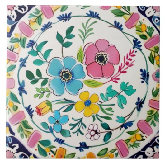 Spanisch Helle Farbige Blumen Pink & Blaue Blumen Fliese (Vorderseite)