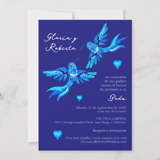 Spanisch, Invitación Boda Mexicana Colibrí Azul Einladung (Vorderseite)