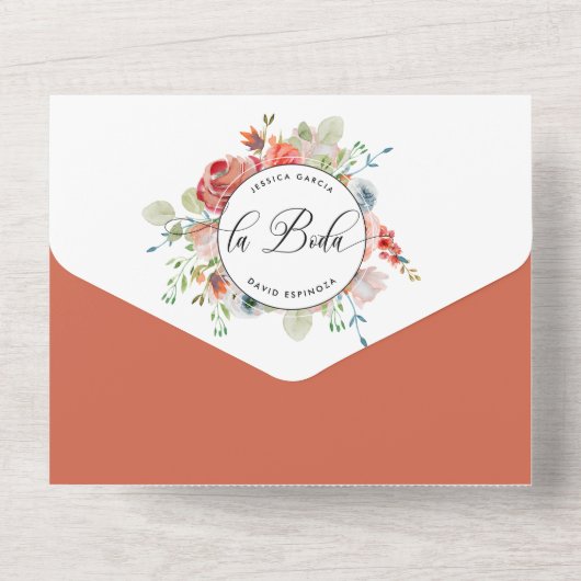 Spanisch, Korallenpfirsiche, cremige Hochzeitsreis All In One Einladung (Rückseite)