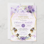 Spanisch Lila Butterfly Twins Erste Kommune Einladung (Vorderseite)